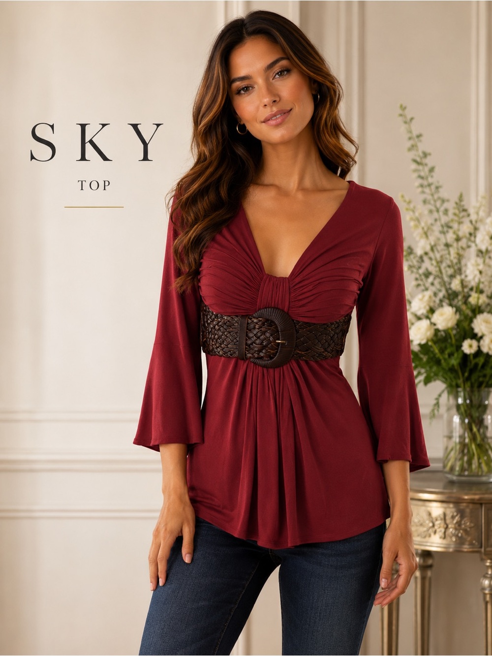 NWT Elegant SKY— V-Neck Tunic — Rust color Genuine Leather Belt Sz Small